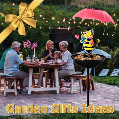 Solar Bird Feeder Garden Decor, Outdoor Bee Solar Lights with Umbrella, Hummingbird Feeder Decorative Path Lights Yard Art Ornament Bird Feeder (bee)