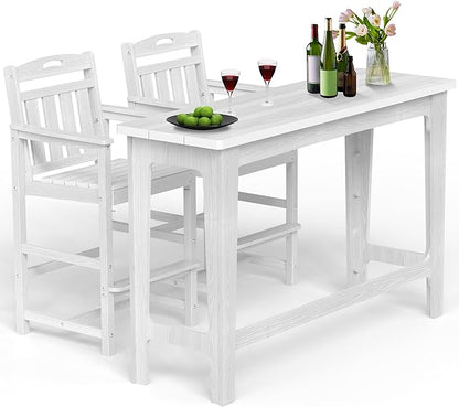 Ciokea Heavy-Duty Outdoor Bar Set, Rectangle High Top Table and 2 Oversized Adirondack Chairs Set, HDPE Modern Patio Bar Set for Outside Bistro Backyard Balcony Deck Outside, White