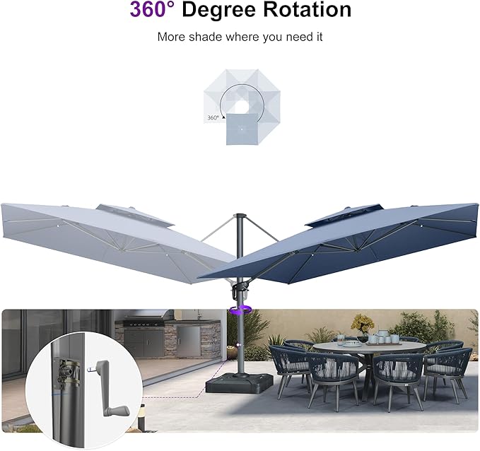 PURPLE LEAF 12FT Sunbrella Cantilever Umbrella Outdoor Square Double Top Large Offset Hanging 360° Rotation Heavy Duty Umbrella for Garden Patio Deck Pool Backyard Spectrum Denim