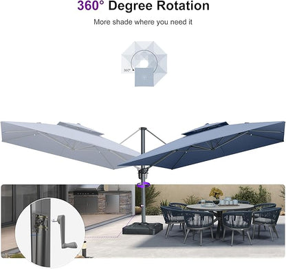 PURPLE LEAF 12FT Sunbrella Cantilever Umbrella Outdoor Square Double Top Large Offset Hanging 360° Rotation Heavy Duty Umbrella for Garden Patio Deck Pool Backyard Spectrum Denim