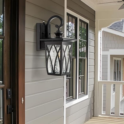 Outdoor Porch Light Wall Mount,18'' Exterior Waterproof Wall Lighting Fixtures,Wall Sconce Light with E26 Socket & Water Ripple Glass Shades, Matte Black Outside Wall Lantern for Patio Front Door