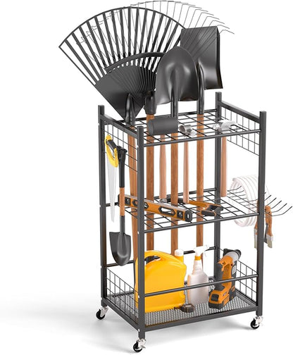 EVERHANGER Garden Tool Organizer, Garage Tool Storage Organization, Yard Tool Racks with lockable wheels, Fit for Long-Handled Tools, Indoor/Outdoor Use