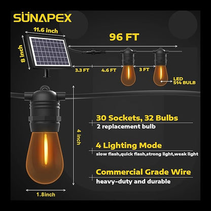 SUNAPEX Solar String Lights Outdoor Waterproof,96FT Solar Patio Lights with Shatterproof Edison Bulbs,Outdoor String Lights Solar Powered for Patio,Camping,Backyard