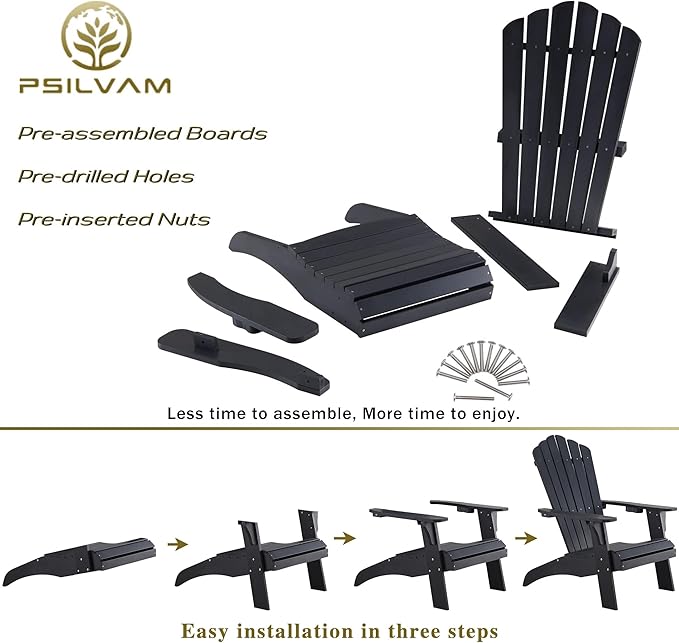 Psilvam Adirondack Chair, Oversized Poly Lumber Fire Pit Chair with Cup Holder, 350Lbs Support Patio Chairs for Garden, Weather Resistant Outdoors Seating, Relaxing Gift for Father & Mother (2, Black)