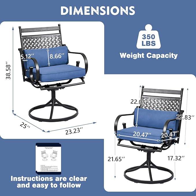 MELLCOM Patio Swivel Chair Set of 4, Heavy Duty Outdoor Dining Chairs with Cushions and Lumbar Pillows, Metal Patio Chairs Gentle Rocker for Outside, Garden Lawn & Porch, Backyard, Blue