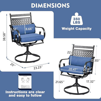 MELLCOM Patio Swivel Chair Set of 2, Heavy Duty Outdoor Dining Chairs with Cushions and Lumbar Pillows, Metal Patio Chairs Gentle Rocker for Outside, Garden Lawn & Porch, Backyard, Blue