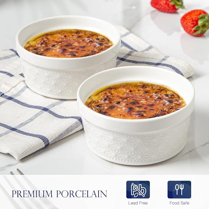 6 Oz Ramekins Oven Safe, Creme Brulee Ramekins Set of 8, Ceramic Souffle Dish, White Porcelain Snowflake Baking Bowls for Dessert, Pie, Tart, Souffles, Appetizers