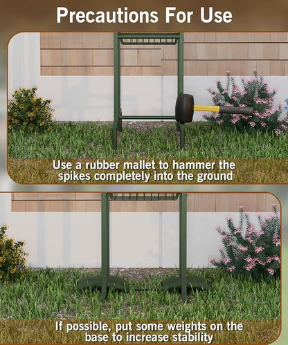 Garbuildman Ground Mount Garden Hose Reel Holds 125 Feet of 5/8-Inch with 3.9 ft Leader Hose, Brass Fitting, Water Hose Holder Stand with Storage Rack & 4 Spikes Base for Outdoor Lawn, Green