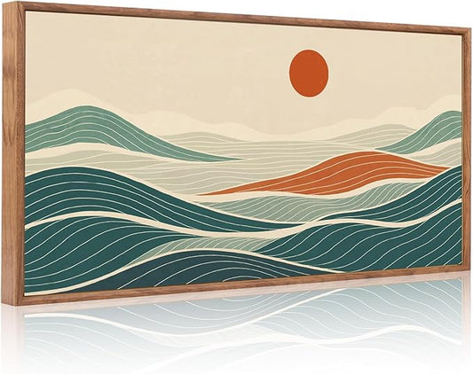 CHDITB Long Coastal Framed Wall Art, Minimalist Coastal Horizontal Wall Decor, Abstract Waves Line Artwork Ocean Sea Painting, Modern Beach Above Bed Art Prints for Nautical Theme Bedroom 40"x20"x1
