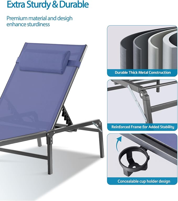 2 Pack Foldable Chaise Lounge Chair with Cup Holder, Assemble-Free Outdoor Lounge Chair with Detachable Pillow and 6 Adjustable Backrest, Patio Lounge Chair for Outside Poolside Beach Pool, Blue