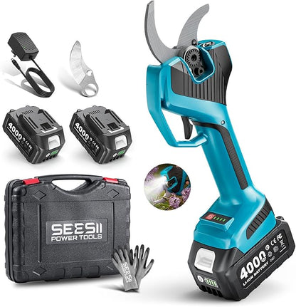 SEESII Electric Pruning Shears Cordless: 2.2" Cutting Diameter Power Cordless Pruner, 2*4000mAh Batteries, Brushless Motor, Extra SK5 Blade, 4 Modes Adjustable Garden Shears for Tree Flower Trimming