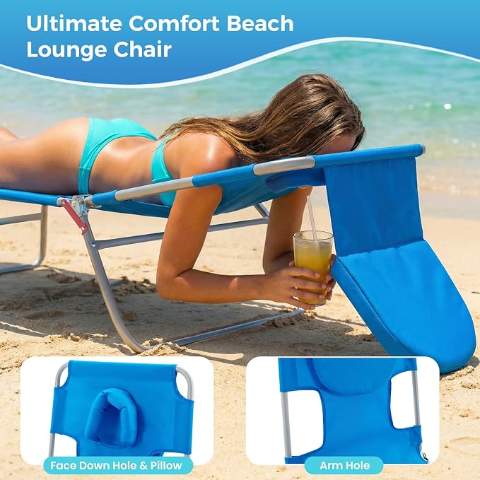 DUMOS Lounge Chair Outdoor, Beach Tanning Chair with Face Hole, Blue | 5-Position Adjustable Sunbathing Tanning Chair, Foldable Portable Chaise Lounge by Pool Patio Lawn Camping Reading, Arm Hole