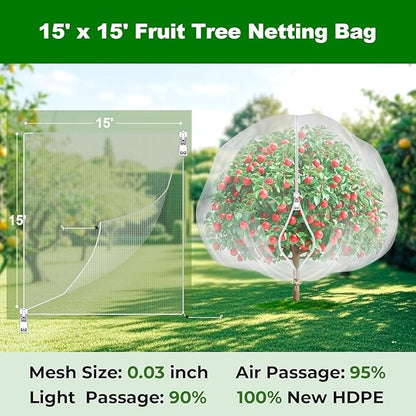 Fruit Tree Netting with Zipper & Drawstring - 15'x15' Garden Plant Net Pest Barrier to Prevent Cicadas Bird Squirrel Deer - Bug Protection for Blueberry Tomato with Fine Mesh Insect Cover (2 Pack)