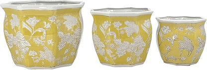 Galt International Yellow & White Round Fluted Floral Porcelain Ceramic Plant Flower Planter Pot Set of 3 (7.5", 10", 13") Garden Pots Chinese Asian Design