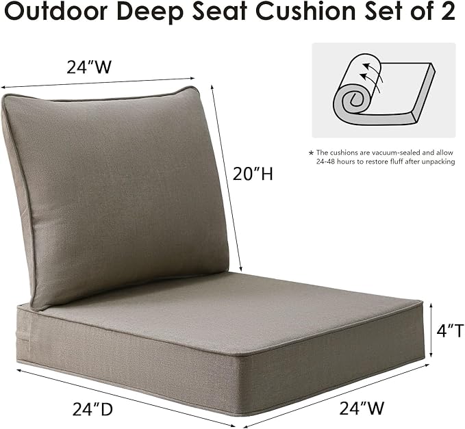 Sunbrella Outdoor Patio Chair Cushions Set, 24" x 24", Set of 2, Water-Repellent, Fade Resistant, Deep Seat Cushion for Backyard, Couch, Sofa and Patio Furniture, Cast Shale