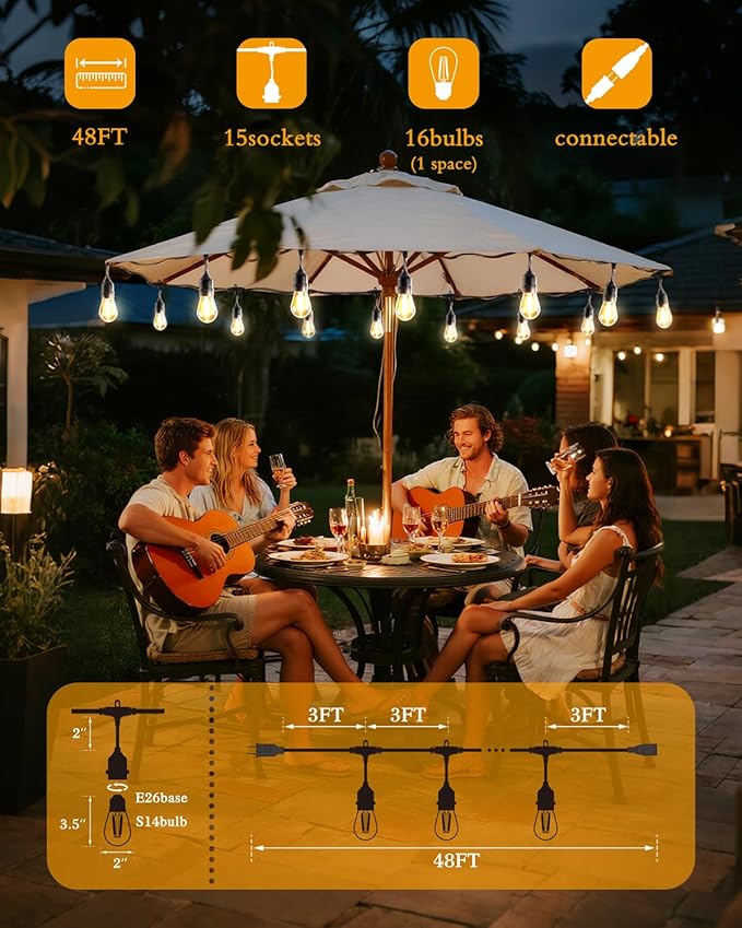 Outdoor String Lights, Super Bright LED - 48FT 15 S14 Bulbs (1 Spare), IP65 Waterproof, Commercial Grade & Shatterproof, Dimmable, UL Listed for Patio, Porch, Backyard, Gazebo