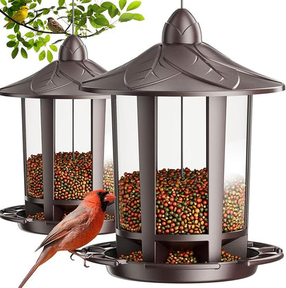 Birdream 2 Pack Bird Feeders for Outdoor Hanging, Assembly Required, 1-Min Easy Setup, Charming Castle Design, Attracting Cardinals Chickadees Goldfinches & Sparrows - Brown