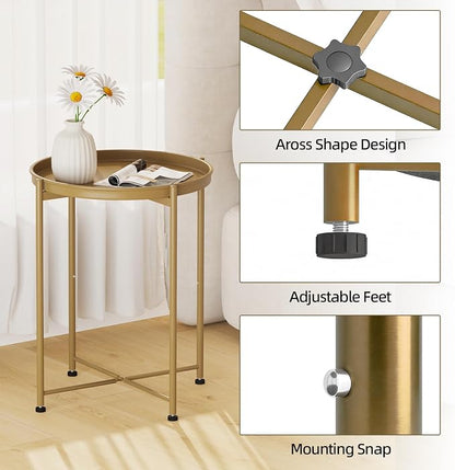 Garden 4 you Small Side Table, Gold Mini Round End Table, Tray Table with Metal Frame, Modern Nightstand for Living Room, Bedroom, Patio, Small Space, 2pcs