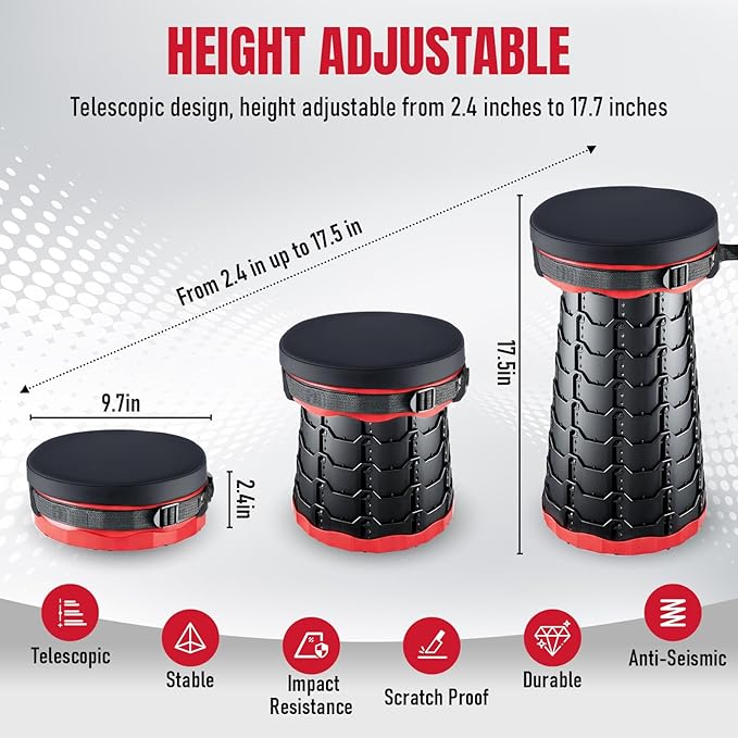 2026 Upgraded Collapsible Stool with Cushion, Portable Folding Stool for Adults Heavy Duty, Camping Stools for Outdoor Camping Travel Hiking Fishing, Adujstable Folding Chair Footrest,Red