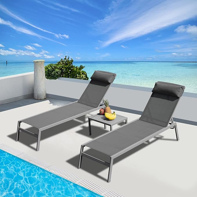 Domi Patio 3 Pieces Aluminum Textilene Chaise Lounge Set with Side Table Outdoor,Adjustable Back&Pillow for Yard,Garden,Sunbathing,for All Seasons,Gray