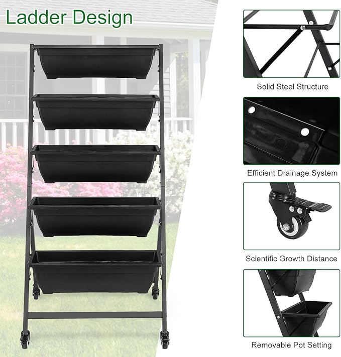 5 Tier Vertical Raised Garden Bed,Plastic & Metal Tiered Planter Stand,Foldable Indoor/Outdoor Plant Display Rack,Flower Planter Raised Stand,with Wheels,for Patio Lawn Porch Yard Balcony (Black)
