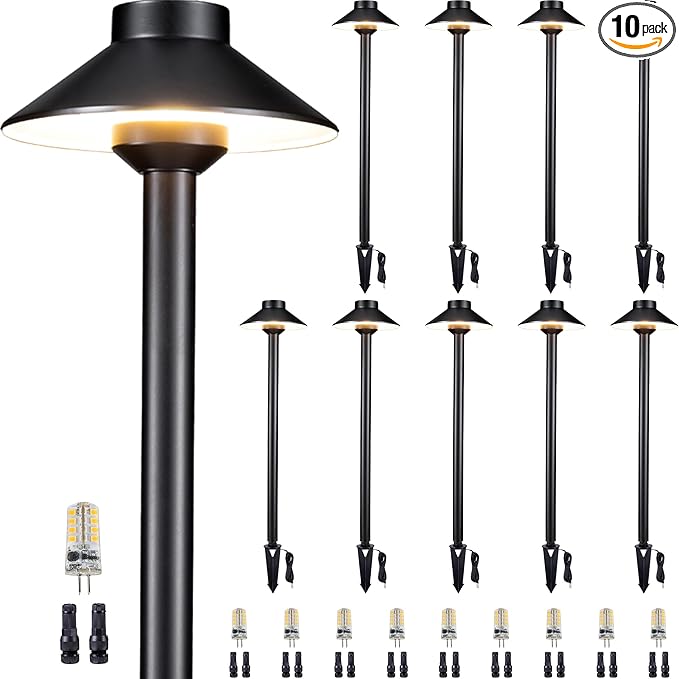 Gardenreet Brass Landscape Path Lights - 12V Low Voltage Pathway Light IP65 Waterproof, LED Outdoor Walkway Lighting Wired, Black for Patio Lawn with 3W 2700K Warm White G4 Replaceable Bulb (10 Pack)