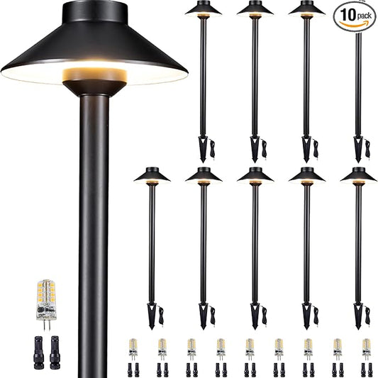 Gardenreet Brass Landscape Path Lights - 12V Low Voltage Pathway Light IP65 Waterproof, Outdoor Walkway Lighting Wired, Hat Black for Patio Lawn with 3W 4000K Neutral White G4 Bulb (10 Pack)