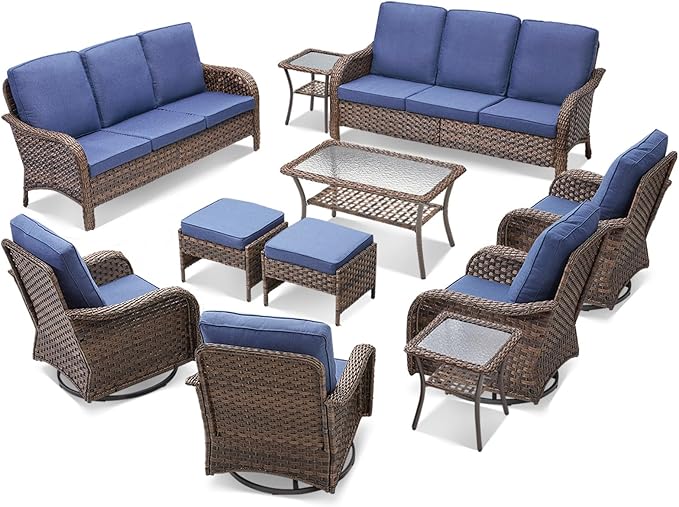 11 Pieces Patio Furniture Set, Outdoor Wicker Sofa with Swivel Patio Chairs, Ottomans, Coffee Table, All Weather High Back Rattan Loveseat Couch with Comfy Cushions, Brown/Blue