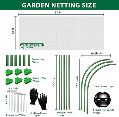 Garden Netting Kit, 10x30 Ft Pest Barrier Bird Ultra Fine Mesh Netting with 6Sets Garden Hoops & 36 Clips for Raised Beds, Garden Plants Net Protection for Vegetable Fruit Flowers Greenhouse Row Cover