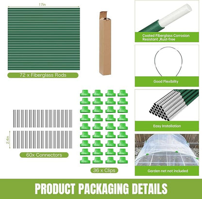 72 PCS Garden Hoops Greenhouse Hoops, Durable Plastic Coated Fiberglass Garden Tunnel for Raised Beds, DIY Plant Support Stakes for Garden Netting & Row Cover, Rust-Free Frames