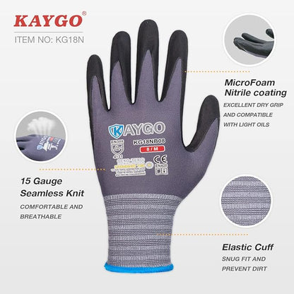 KAYGO Safety Work Gloves MicroFoam Nitrile Coated-12 Pairs, KG18NB,Seamless Knit Nylon Glove with Black Micro-Foam Nitrile Grip,Ideal for General Purpose,Automotive,Home Improvement,medium