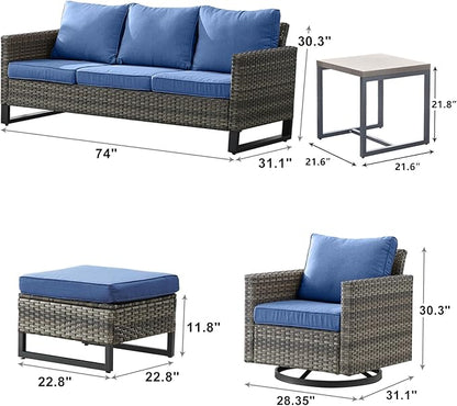 Wicker Outdoor Patio Furniture Set - 6 Piece Patio Conversation Set with 2 Swivel Rocker Chairs,2 Rattan Ottoman,1 Couch and 1 Metal Side Table for Outside Porch Deck Backyard(Mixed Grey/Blue)