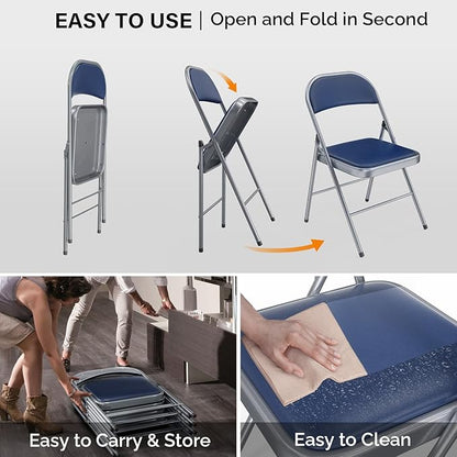 VINGLI 6 Pack Folding Chairs with Padded Seats, Metal Frame with Pu Leather Seat & Back, Capacity 350 lbs, Blue