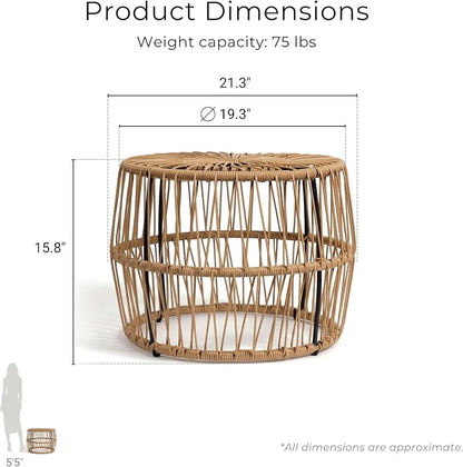 Furniture of America Ysar Boho Rattan Round Coffee Table Outdoor with Metal Frame, All-Weather and Rust Resistant, Handcrafted Coastal Furniture for Patio, Poolside, Garden, Yard, Natural Brown