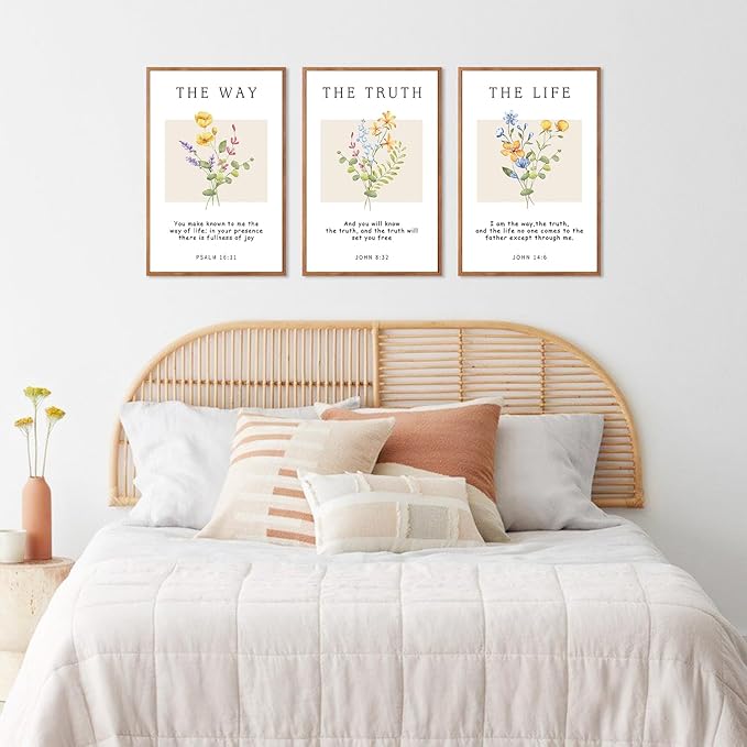 CHDITB Christian Bible Verse Framed Wall Art Set, Floral Scripture Canvas Prints, The Way The Truth The Life Religious Painting, Faith Inspirational Decor for Living Room, Bedroom, Church 16"x24"X3