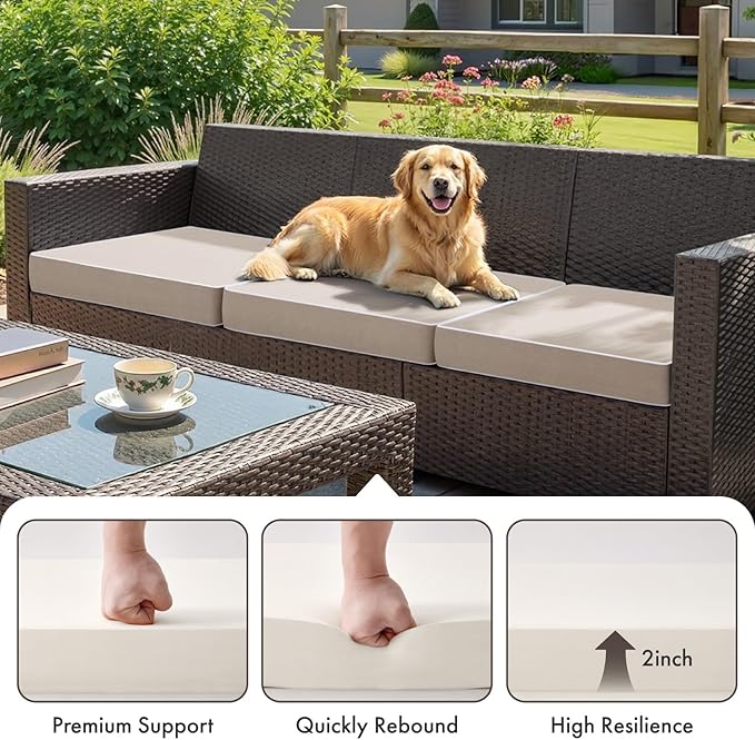MIULEE Beige Outdoor Chair Cushions Set of 2, 17x16x2 Inch Waterproof Patio Seat Cushions for Outdoor Furniture Couch Sofa, 3 Year Color Fastness High Density Foam with Adjustable Ties