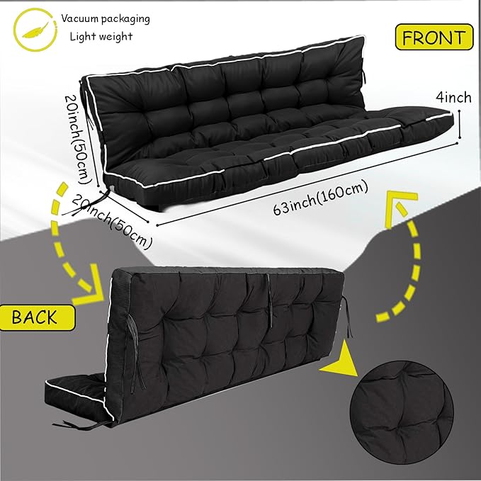 Porch Swing Cushion Three Seat, Waterproof Swing Cushions Replacement with Backrest, Outdoor Garden Furniture Patio 4" Thickened Cushions with Ties (Black, 40 x 63in)