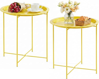 VECELO Side/End Table, Folding Round Metal Anti-Rust and Waterproof Outdoor or Indoor Tray for Living Room Bedroom Balcony and Office, 2 PCS, Yellow