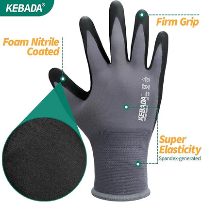 Kebada W5 Work Gloves Bulk Pack (60 Paris), Foam Nitrile Coated Working Gloves with Grip, Ultra Stretchable Spandex Knit Gloves for Gardening and Light Duty Mechanic Work, Large (Made in Vietnam)