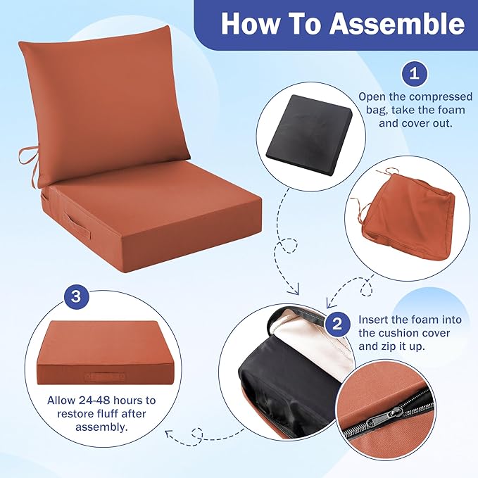 IASEAHK Outdoor Seat Cushion Set, Waterproof & Fade Resistant Patio Chair Cushions, Outdoors Cushion for Patio Furniture, 24 x 24 x 5.75 Inch, Outdoor Couch Cushions with Handle and Ties, Spice