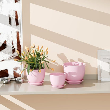 Pink Ceramic Flower Pots,Indoor Decorative Plant Pots Set of 3-4"+5"+6" Inch Small Glazed Succulent Planters with Drainage Hole,Modern Garden Pots with Saucer