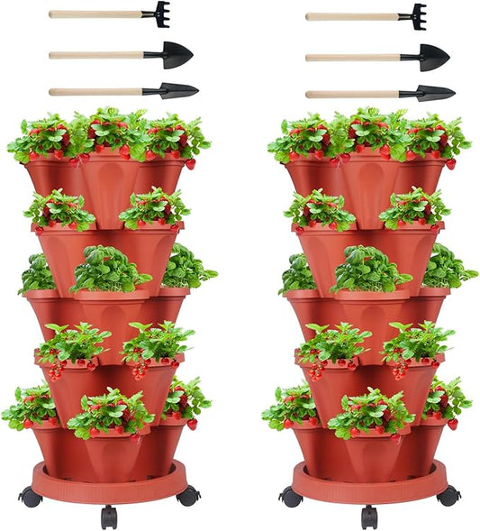 GameXcel Vertical Planter Tower - 5 Tier Stackable Garden Planters with Wheels and Tools Plant Pots for Strawberry Herb Flower and Vegetable Indoor Outdoor Use Red 2 Pack