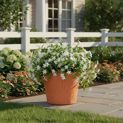 GreenShip 15 inch Large Planters, Set of 2 Relief Planters - Recycled Resin & Stone Composite Flower Pots - Weather Resistant Lightweight Garden Pots for Indoor Outdoor Plants