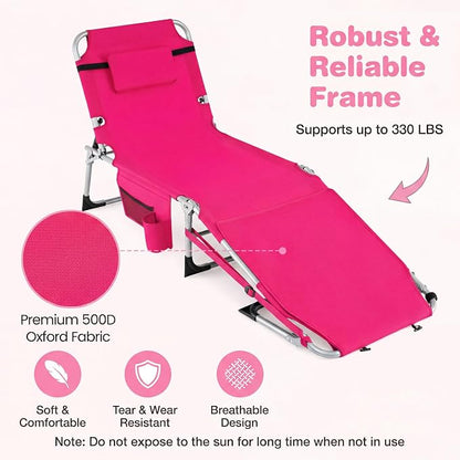 Giantex Tanning Chair, 330Lbs Patio Lounge Chair with 5 Adjustable Position, Face & Arm Hole, Hand/Shoulder Strap, Removable Pillow, Side Pocket, Chaise Lounger for Beach Sunbathing Outdoor, Pink
