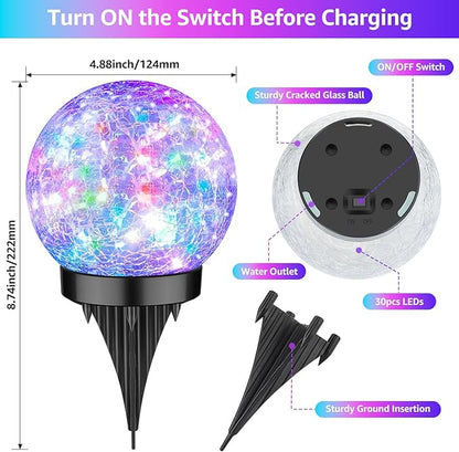 ASOMST 2-Pack Garden Solar Lights Outdoor, Colored Cracked Glass Ball Light Waterproof, Decorative Solar Powered Globe Lighting Multicolor for Yard