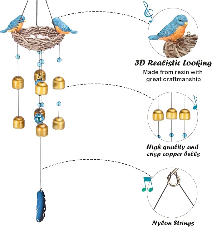 Taman Blue Bird Wind Chime - Wind Bell for Outside Indoor Resin Decorative Metal Bronze Mobile Wind Chime Memorial Sympathy Gift for Home, Outdoor, Yard, Patio,Garden Decor, 27.5"