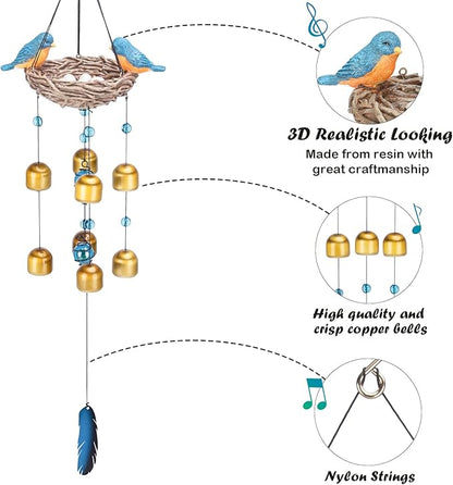 Taman Blue Bird Wind Chime - Wind Bell for Outside Indoor Resin Decorative Metal Bronze Mobile Wind Chime Memorial Sympathy Gift for Home, Outdoor, Yard, Patio,Garden Decor, 27.5"