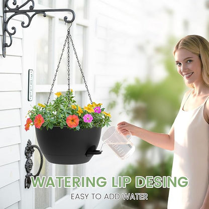 2 Pack 12 Hanging Flower Pots with Chains Self Watering Plastic Planters for Indoor Outdoor Plants, Sturdy Triangular Iron Chain Design for Garden PorchPlastic Hanging Flower pots (2, Black)