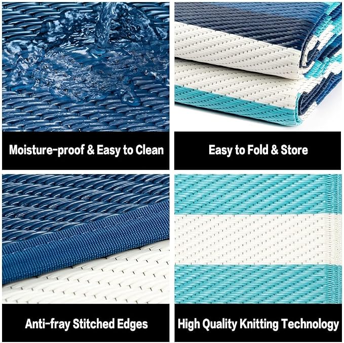 HUGEAR Outdoor Waterproof Rug 10'x14' Plastic Straw Rugs Washable Reversible Floor Mat Blue Stripe Carpet for Camping RV Deck Entryance Porch Picnic Balcony Beach Backyard