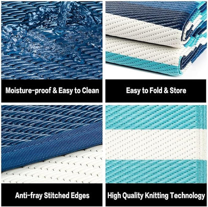 HUGEAR Outdoor Plastic Straw Rug, Waterproof Mat, Washable Large Floor Mat and Rug for Outdoors, RV, Beach, Patio, Camping, Backyard, Deck, Picnic, Indoor Outside (5x8ft,Stripe/Blue&White)